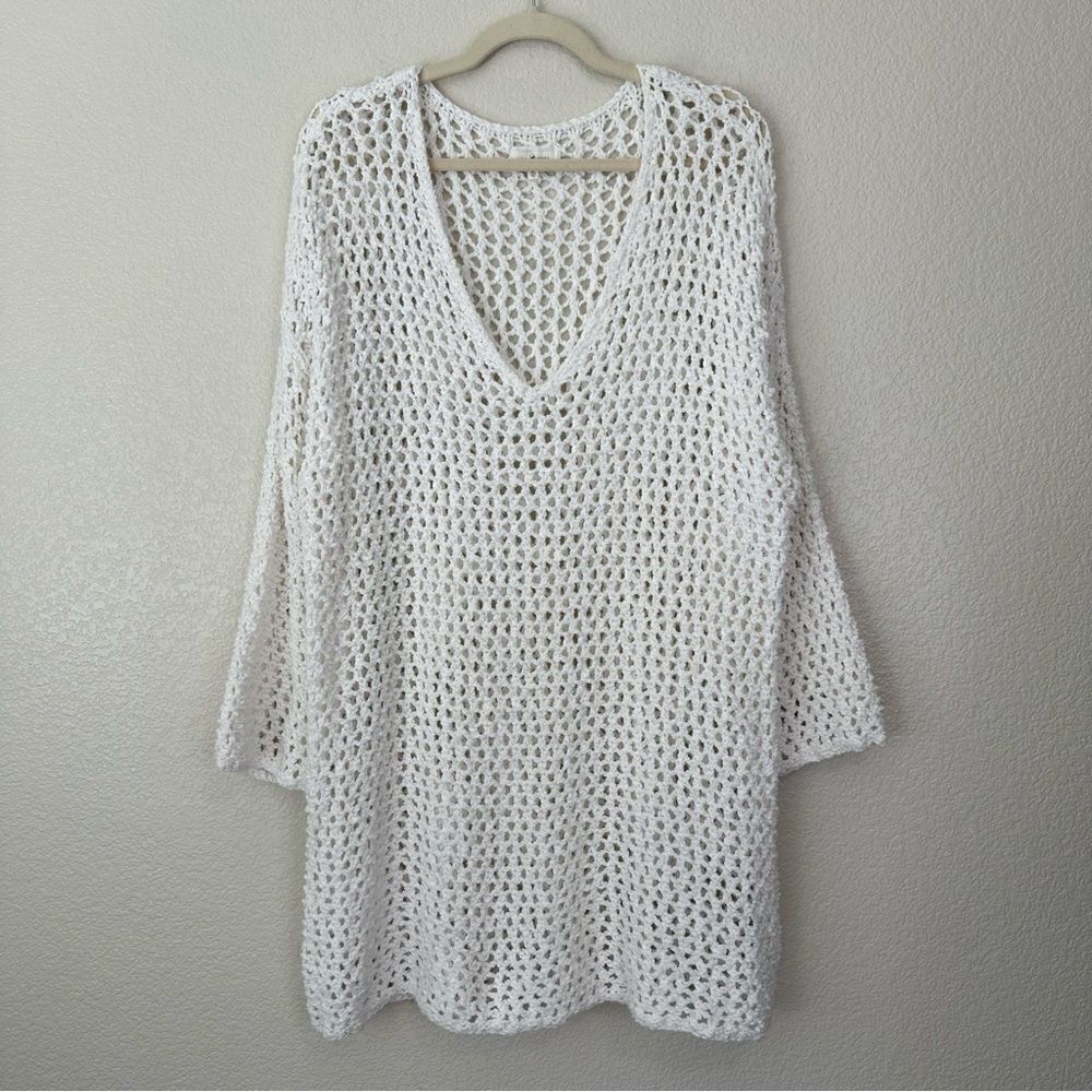 Lou & Grey White Open Knit Crochet Coverup Long Sleeves Tunic Top, Size XL